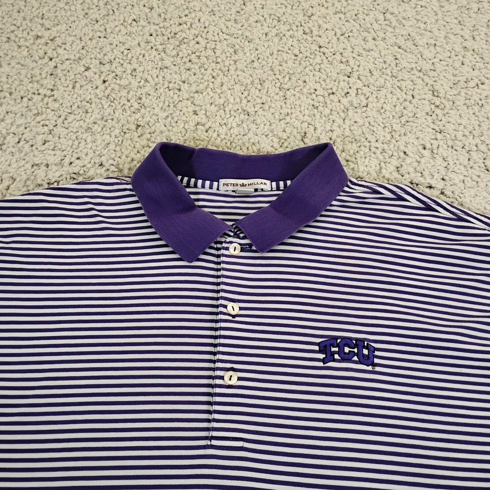 TCU Horned Frogs Shirt Mens 2XL XXL Purple Polo Peter Millar NCAA Striped Sports